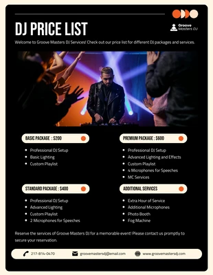 Free  Template: Modèle de liste de prix DJ