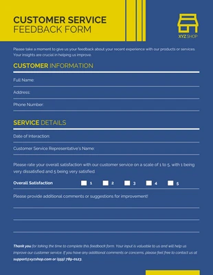 Free  Template: نموذج ملاحظات خدمة العملاء باللونين الأزرق الداكن والأصفر