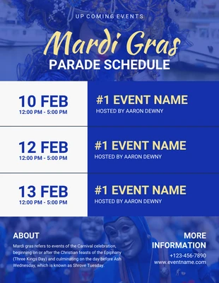 Free  Template: Blaue, moderne, elegante Mardi-Gras-Parade-Zeitplanvorlage