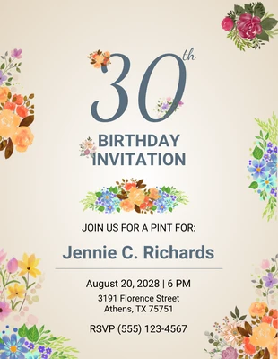 Free  Template: Convites de aniversário de 30 anos com flor de creme