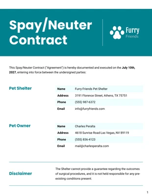 Free  Template: Spay/Neuter Contract Template