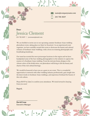 Free  Template: Convite em papel timbrado verde e rosa com flores em creme