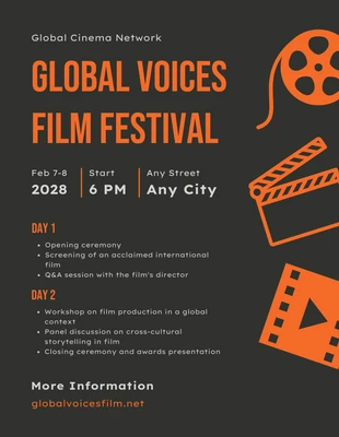 Free  Template: Modèle de programme pour le festival du film noir et orange