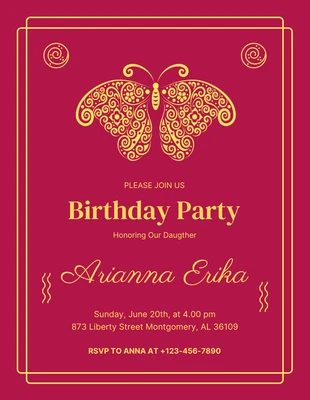 Free  Template: Magenta And Yellow Simple Classic Butterfly Birthday Party Invitation