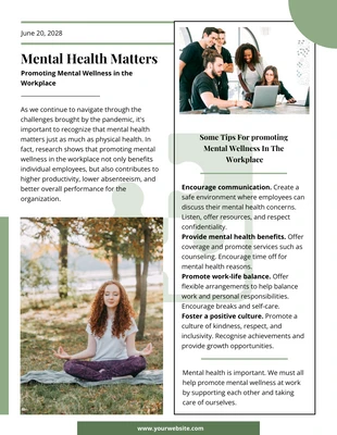 Free  Template: Green Minimalist Safety Mental Health Newsletter (Bulletin d'information sur la santé mentale)