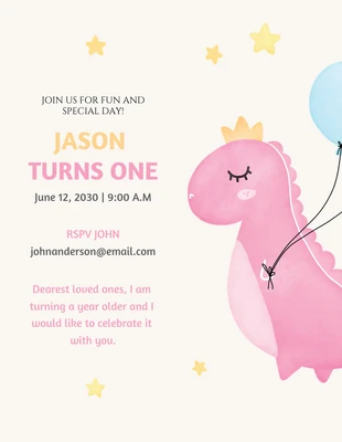 Free  Template: Invitación de 1er Cumpleaños Dinosaurio Rosa Moderno Lindo Juguetón Colorido