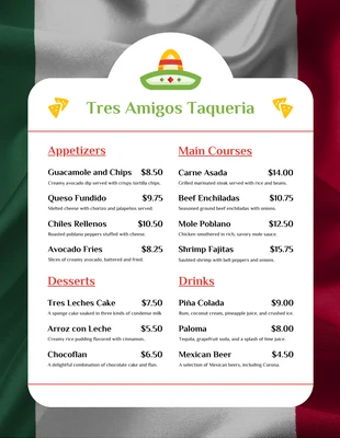 Free  Template: Menu mexicano com foto simples branca