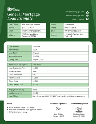 Free  Template: General Mortgage Loan Estimate Template
