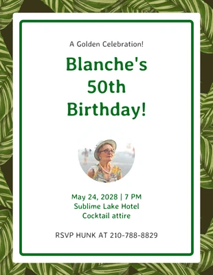 Free  Template: Invitation à la célébration d'un 50e anniversaire en blanc et vert, avec des feuilles modernes et minimalistes