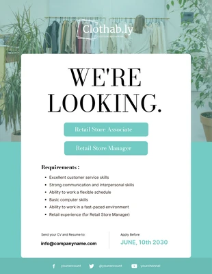 Free  Template: Affiche "Teal Shop Now Hiring