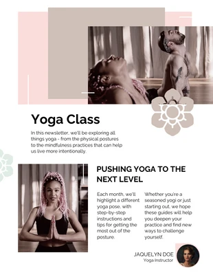 Free  Template: Boletim informativo moderno e elegante sobre aulas de ioga em bege