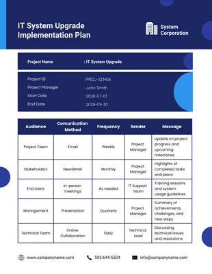 Free  Template: Plan de implementación de actualización del sistema de TI simple azul marino