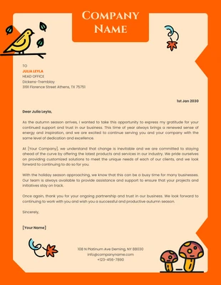 Free  Template: Crema e arancione Illustrazione semplice Carta da lettera aziendale autunnale
