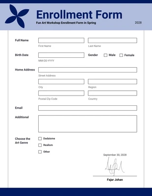 Free  Template: Minimalist Navy Blue Enrollment Forms