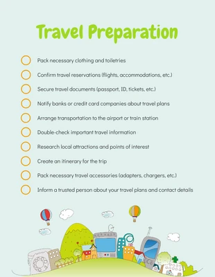 Free  Template: Verde claro Ilustración sencilla Lista de comprobación diaria para la preparación de viajes