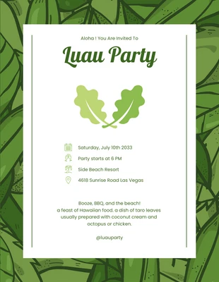 Free  Template: Convite para festa Luau em verde e branco com ilustração minimalista moderna de uma folha