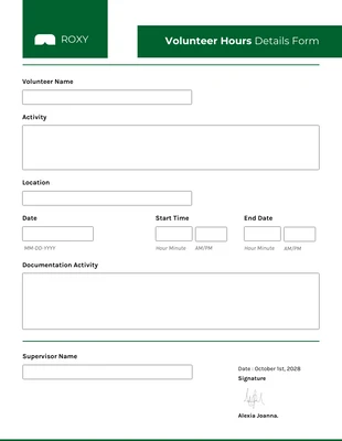 Free  Template: Clean White and Green Hours Details Volunteer and Community Service Forms
