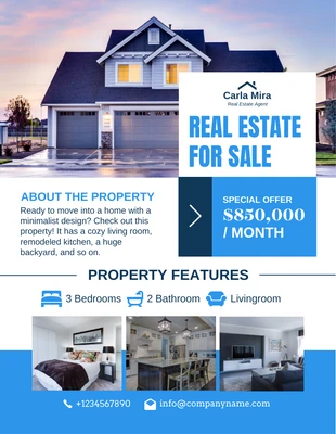 Free  Template: Flyer moderne blanc et bleu sur l'immobilier à vendre
