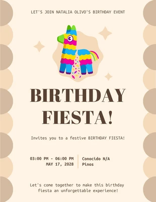 Free  Template: Biege und Braun Fröhliche Illustration Pinata Geburtstag Fiesta Einladung
