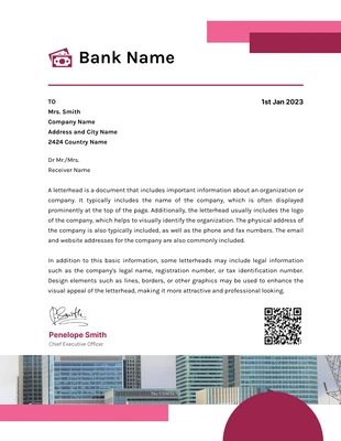Free  Template: Modello di carta intestata bancaria professionale minimalista bianca e rosa