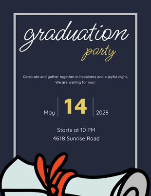 Free  Template: Invitación ilustrativa dorada y azul marino para fiesta de graduación