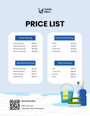 premium  Template: Listas de precios de limpieza con ilustración minimalista en azul y blanco