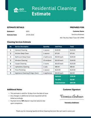 Free  Template: Residential Cleaning Estimate Template