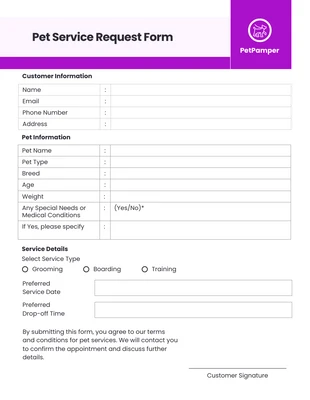 Free  Template: Formulario de solicitud de servicio para mascotas de color púrpura simple