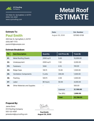 business  Template: Modelo de estimativa de telhado metálico
