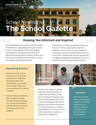 Free  Template: Eleganter smaragdgrün-gelber Schul-Newsletter