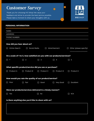 Free  Template: Dunkelblaues und orangefarbenes Kundenumfrageformular