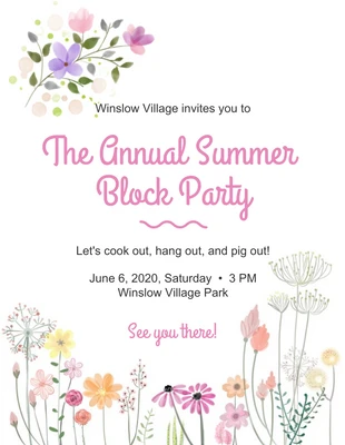 Free  Template: Weißer minimalistischer floraler Flyer für die jährliche Sommer-Blockparty