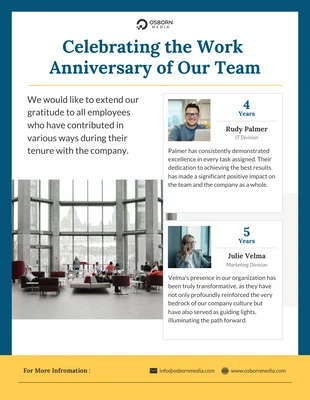 business  Template: Célébration de l'anniversaire de travail de notre équipe Newsletter par courrier électronique
