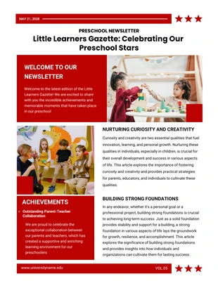 Free  Template: Red And White Little Learners Preschool Newsletter