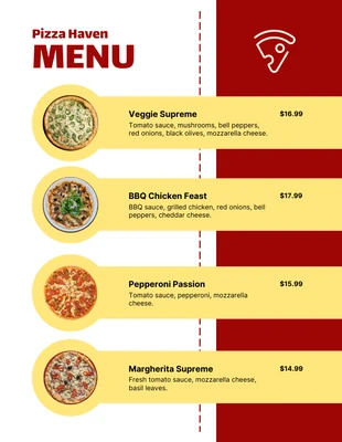 Free  Template: قائمة بيتزا بيضاء وحمراء وصفراء بسيطة