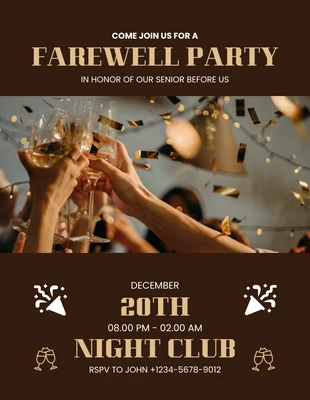 Free  Template: Invitación de lujo marrón y dorada para una fiesta de despedida en un club nocturno