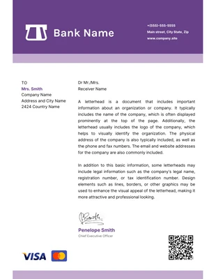 Free  Template: Blanc et violet Modèle de papier à en-tête de banque simple
