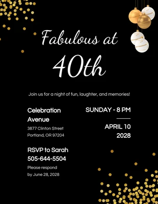 Free  Template: Invitación Cumpleaños número 40 de lujo en oro negro