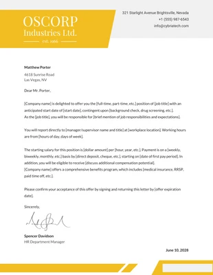 Free  Template: Yellow And Grey Modern Minimalist Offer Letter
