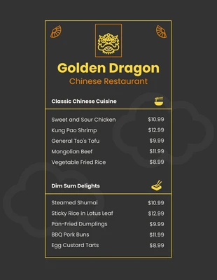 Free  Template: Menú de restaurante chino simple oscuro y dorado