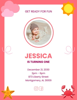 Free  Template: Convite de 1º aniversário de bebê com ilustração lúdica em rosa e branco