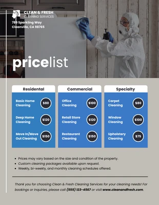 premium  Template: Listes de prix simples des services de nettoyage gris et bleu