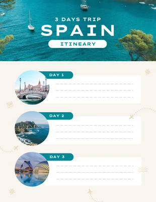 Free  Template: Plantilla de itinerario de viaje a España en azul mar y beige