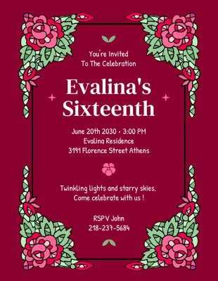 Free  Template: Maroon Classic Floral Sweet 16 Invitation