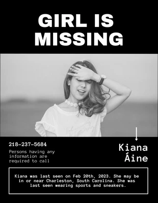 Free  Template: Black And White Simple Missing Person Flyer
