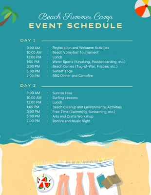 Free  Template: Green Blue Beach Summer Camp Schedule Template