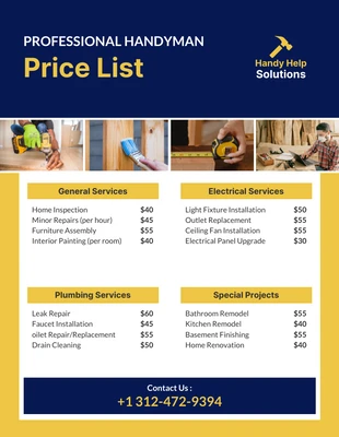 business  Template: Simple Navy and Yellow Handyman Price Lists