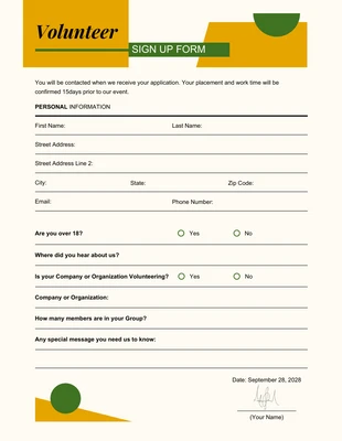 premium  Template: Formulários simples de inscrição em amarelo e verde para voluntários e serviços comunitários