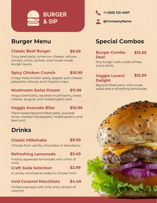 Free  Template: Burger-Menü mit klassischer Textur in Creme und Rot