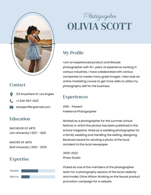 Free  Template: White And Blue Modern Classic Woman Photographer Resume